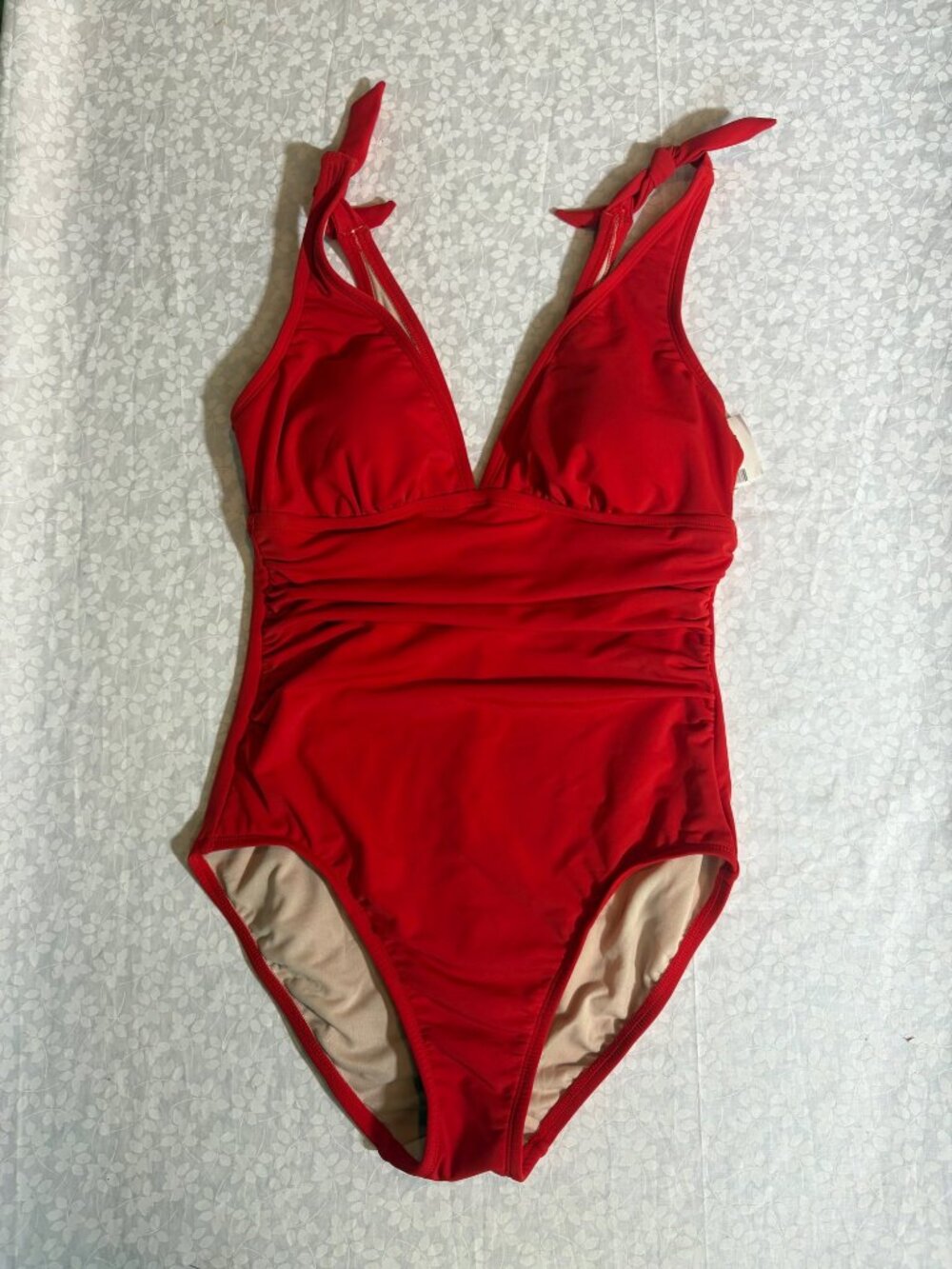 Kona Sol NWT Red Shirred Shoulder Tie High Coverage One Piece Swimsuit Size M